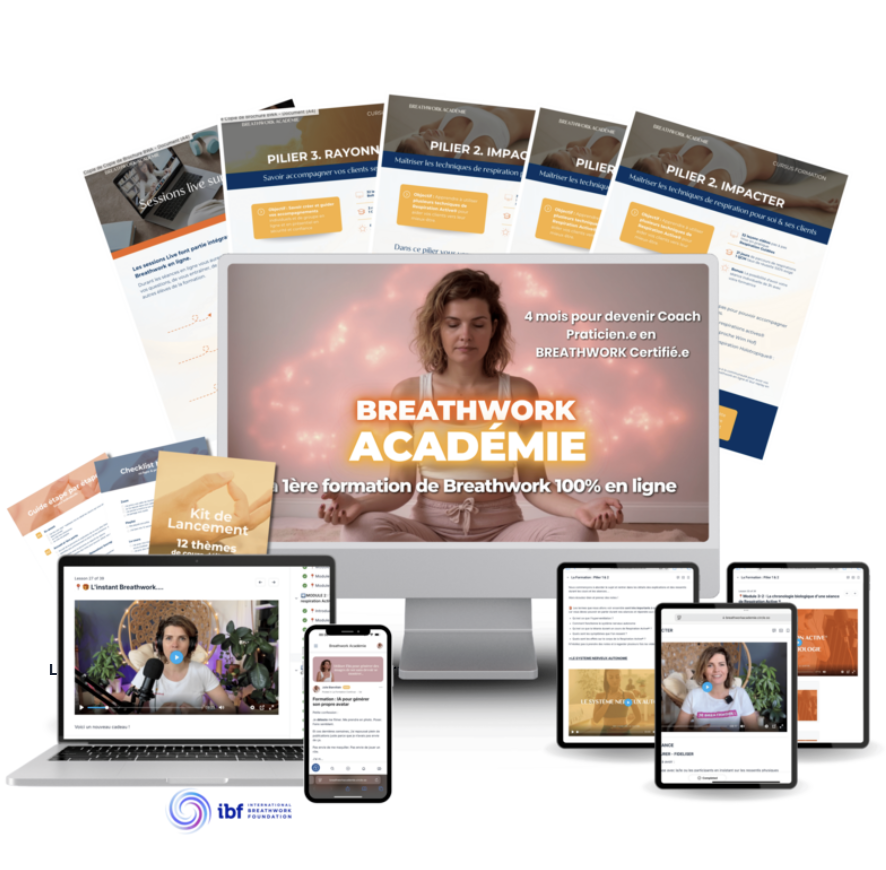 La formation Breathwork Académie : cours en ligne, supports pédagogiques et séances sur ordinateur, tablette et téléphone.