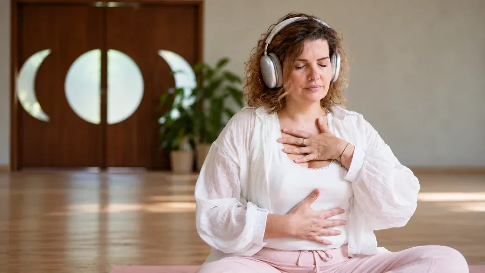 Julie pratique la respiration avec son casque audio